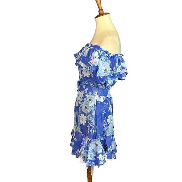 Yumi Kim Blue Floral Off The Shoulder Mini Dress LARGE Ruffle Wedding Guest NEW - Picture 5 of 8